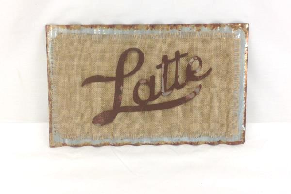 "Latte" Corrugated Metal & Burlap Plaque 15"x9" Hanging Kitchen Home Cafe Decor