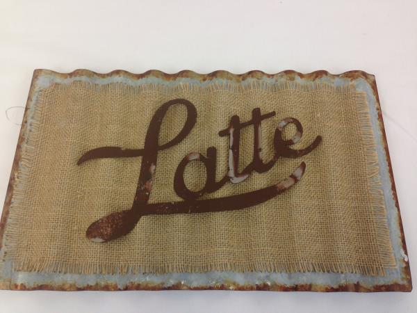 "Latte" Corrugated Metal & Burlap Plaque 15"x9" Hanging Kitchen Home Cafe Decor