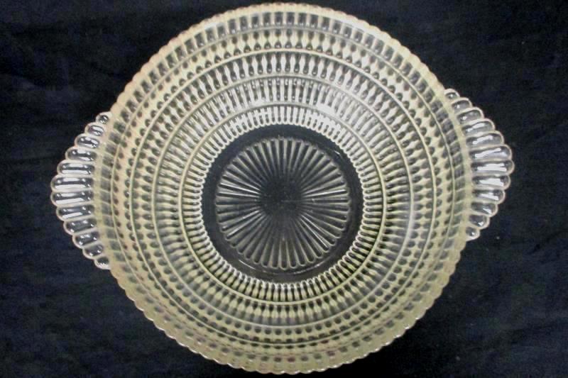 Vintage Clear Textured Glass Serving Bowl Handles Sunburst Bottom 8.5 in