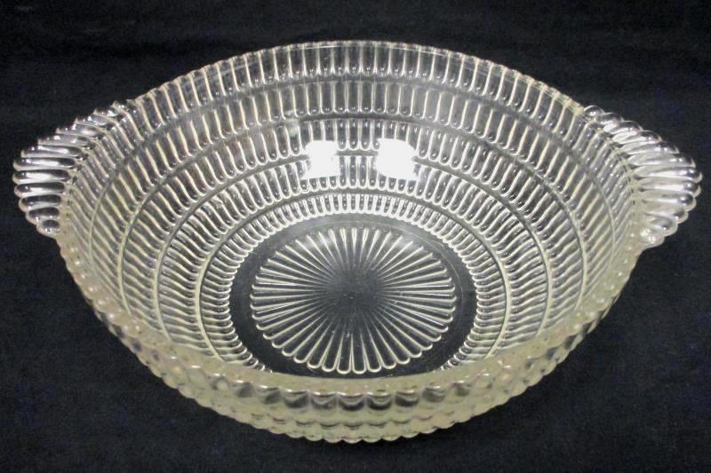 Vintage Clear Textured Glass Serving Bowl Handles Sunburst Bottom 8.5 in