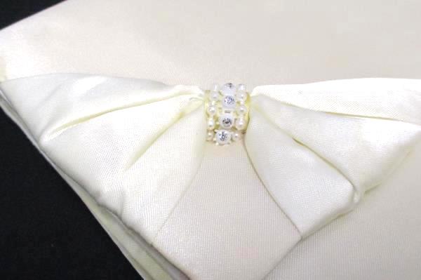 Vintage La Regale Eggshell Satin Purse Clutch Bow Rhinestone Detail