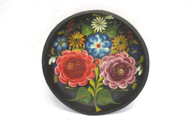 Vintage Decorative Wooden Serving Bowl Hand Tole Painted Floral Black Red Green