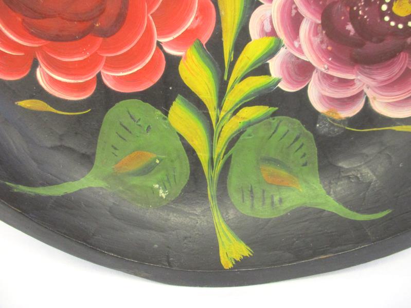 Vintage Decorative Wooden Serving Bowl Hand Tole Painted Floral Black Red Green