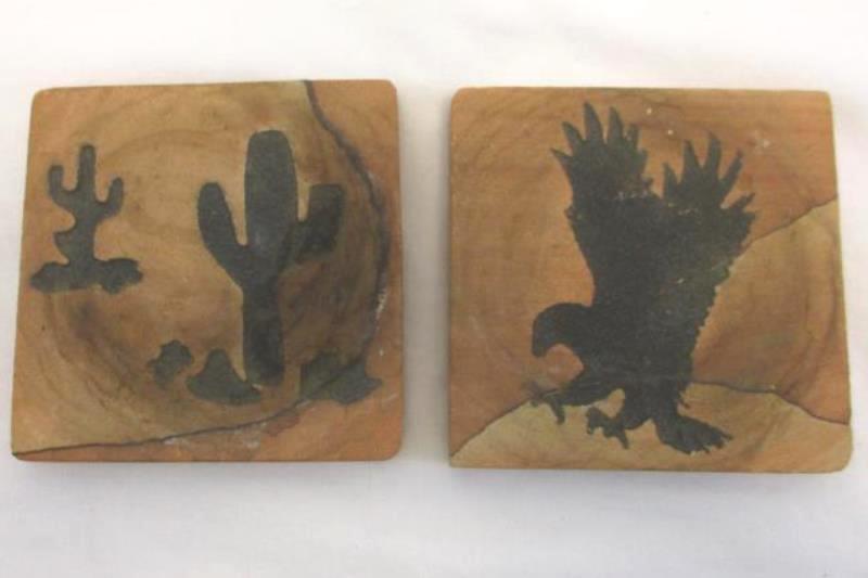 Set of 4 Vintage Stone Coasters Cork Bottoms Buffalo Cactus Eagle Warrior Brown