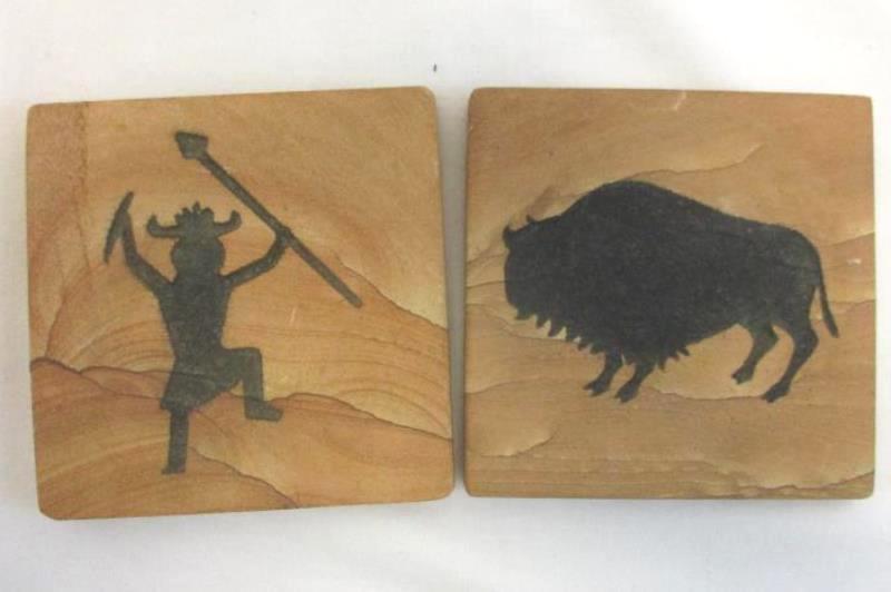Set of 4 Vintage Stone Coasters Cork Bottoms Buffalo Cactus Eagle Warrior Brown
