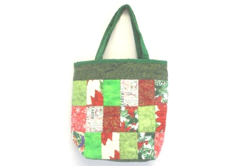 Handmade Quilted Tote Bag Christmas Pattern Poinsettia Green Joy Mistletoe