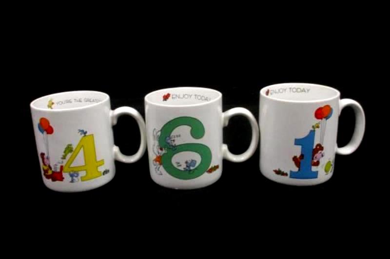 Lot of 3 Vintage Papel Birthday Mugs Vagabond Creation 1 4 6 White Enjoy Today