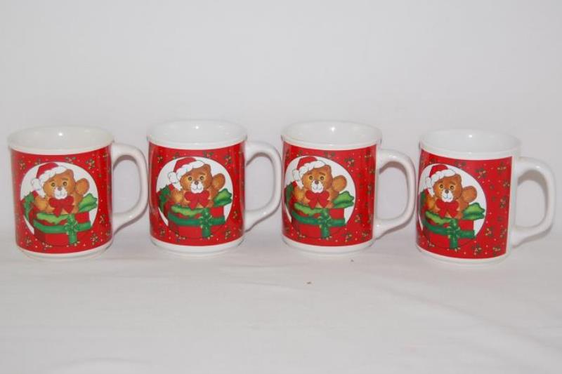 Lot of 4 Christmas Coffee Cocoa Mugs Cups Red White Teddy Bears