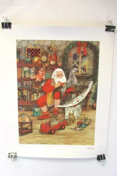 1992 Caffco Art Print Santa Claus Painting Toys In His Workshop 20" x 16"
