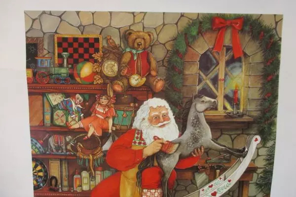 1992 Caffco Art Print Santa Claus Painting Toys In His Workshop 20" x 16"