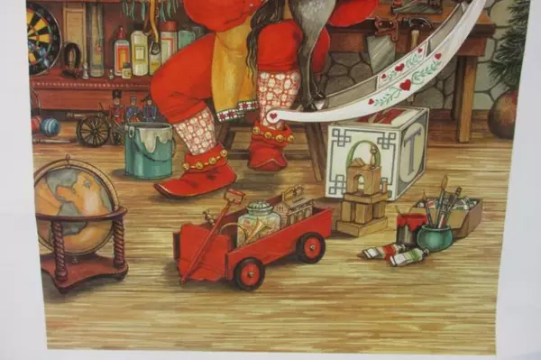 1992 Caffco Art Print Santa Claus Painting Toys In His Workshop 20" x 16"
