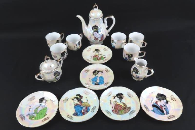 Hand Painted S.S. Iridescent China Tea Set For Six From Japan Geisha Girls