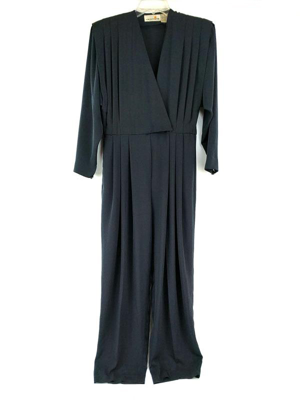 Vintage Liz Claiborne Jumpsuit Black Long Sleeve Wrap Shoulder Pads Size 8