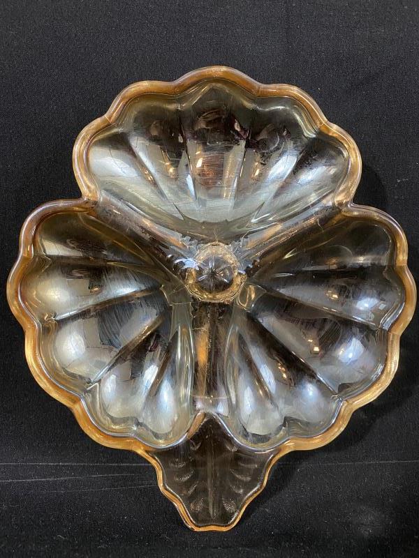 Jeannette Doric Iridescent Marigold 3 Part Divided Clover Shaped Candy Dish