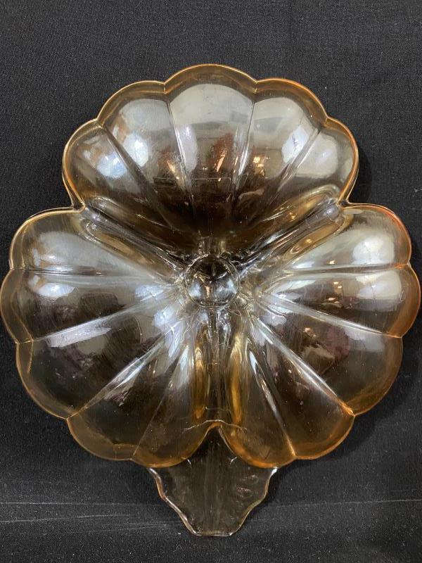 Jeannette Doric Iridescent Marigold 3 Part Divided Clover Shaped Candy Dish