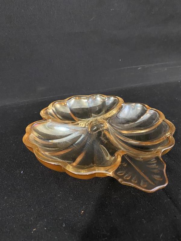 Jeannette Doric Iridescent Marigold 3 Part Divided Clover Shaped Candy Dish