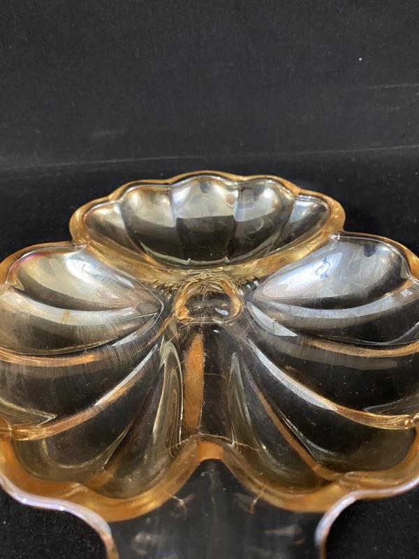 Jeannette Doric Iridescent Marigold 3 Part Divided Clover Shaped Candy Dish