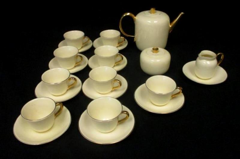 Vintage Kaslware Demitasse China Tea Set 24 Pieces Beige And Gold Gild Rare