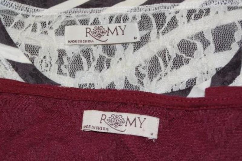 Lot of 2 Romy Women's Tops Blouse Black White Striped Burgundy Lace Size M