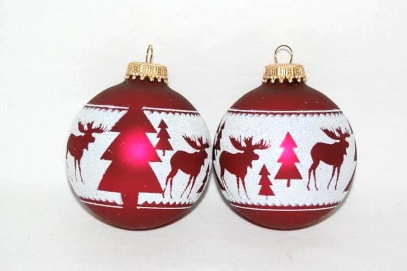 Lot of 5 Burgundy Glass Ball Ornaments 2 With Moose and Trees Design