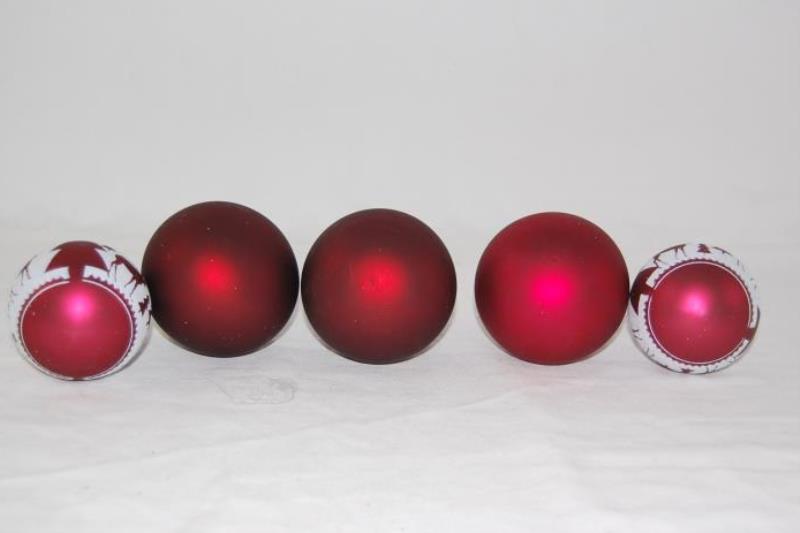 Lot of 5 Burgundy Glass Ball Ornaments 2 With Moose and Trees Design
