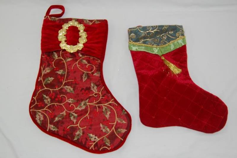 Lot of 2 Ornate Christmas Stockings Velour Cranberry Gold Green