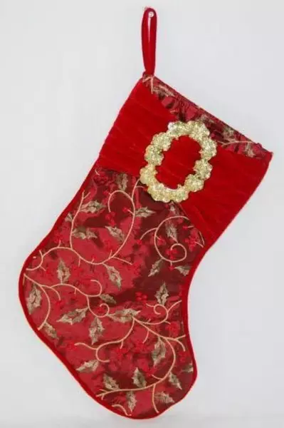 Lot of 2 Ornate Christmas Stockings Velour Cranberry Gold Green