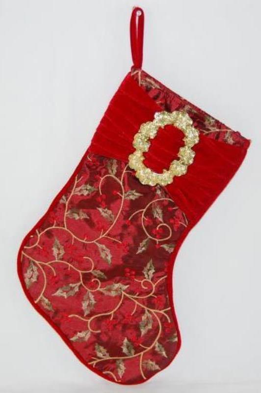 Lot of 2 Ornate Christmas Stockings Velour Cranberry Gold Green