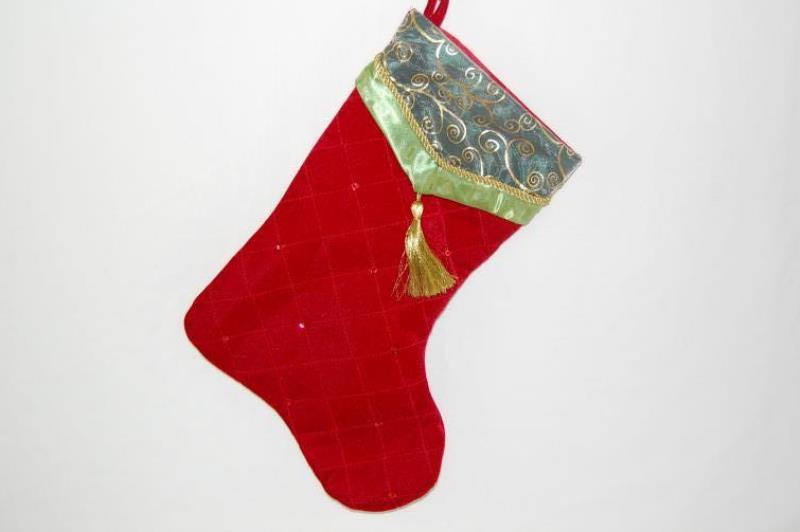 Lot of 2 Ornate Christmas Stockings Velour Cranberry Gold Green
