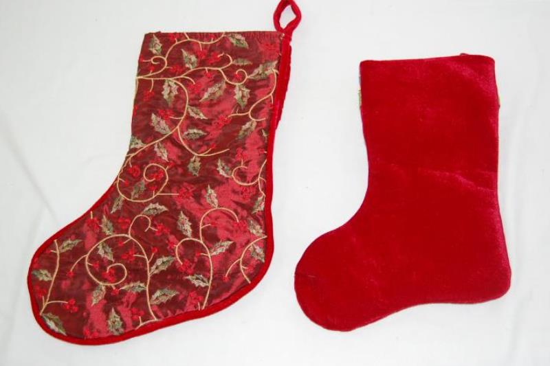 Lot of 2 Ornate Christmas Stockings Velour Cranberry Gold Green
