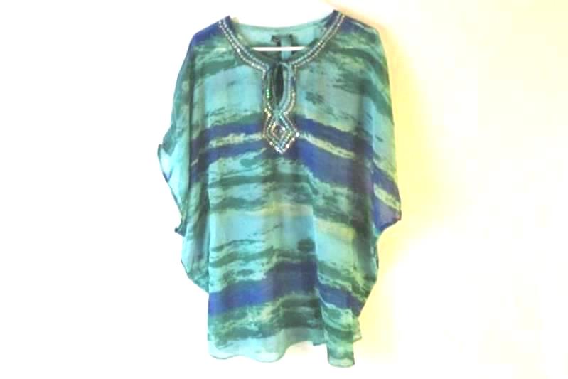 Metro 22 Semi Sheer Top Women's Size Small Blue Green Beaded Loose Fitting