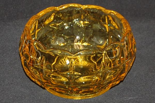 Vintage Amber Glass 5" Candy Bowl Pressed Glass Scallop Edge Square Star