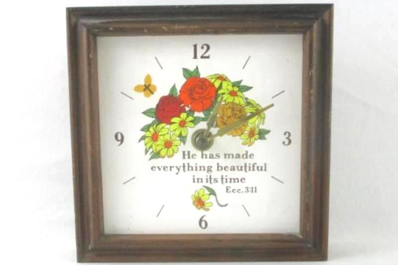 Vintage Clock Square Wooden Floral Pattern For Parts or Repair Ecc 3:11