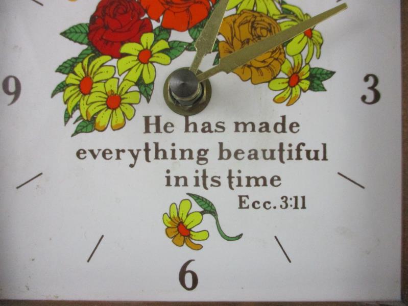 Vintage Clock Square Wooden Floral Pattern For Parts or Repair Ecc 3:11