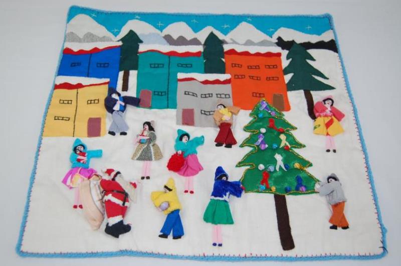Handmade In Mexico Christmas Winter Scene Wall Hanging Tapestry 3D