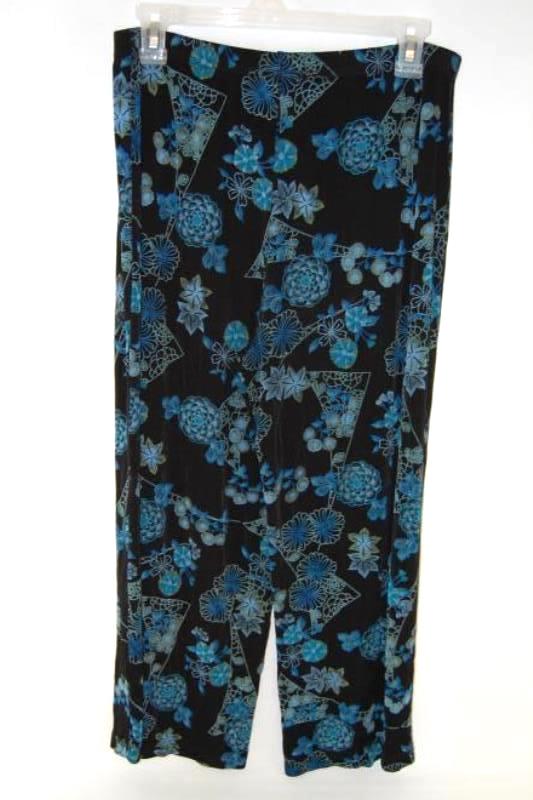 Softwear By Mark Singer Floral Pants Women's Size Medium Black Blue Stretch