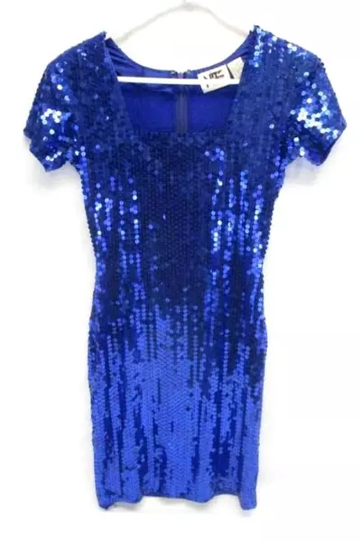 Vintage Niteline Sequin Cocktail Dress Women's Size 8 Blue Square Neckline