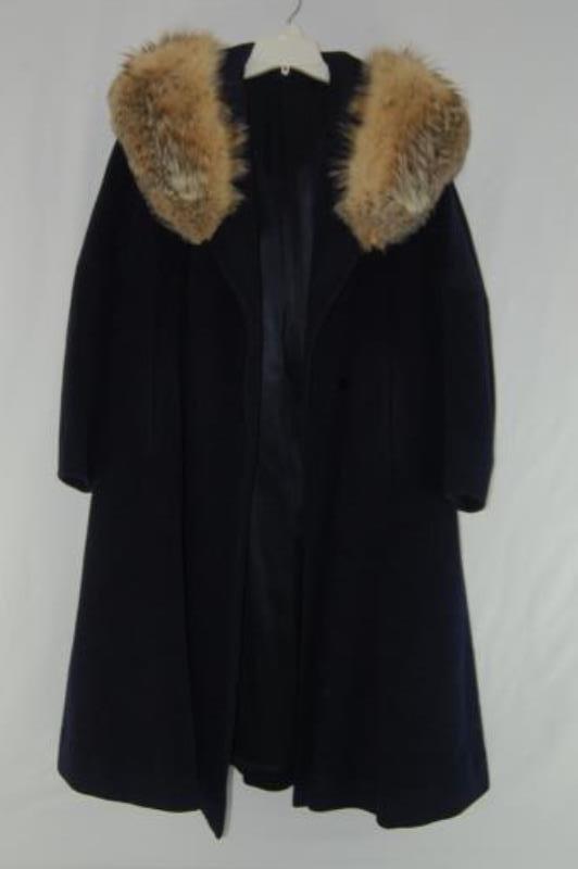 Vintage Cashmere by Forstmann Coat Navy Blue Faux Fur Collar Women's