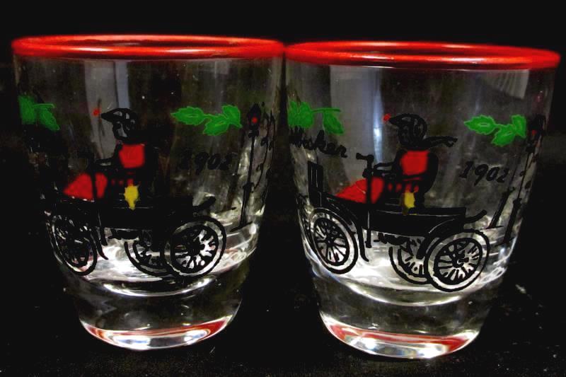 Set of 2 Vintage Libbey Studebaker Shot Glasses Horse Carriage Red
