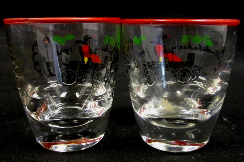 Set of 2 Vintage Libbey Studebaker Shot Glasses Horse Carriage Red