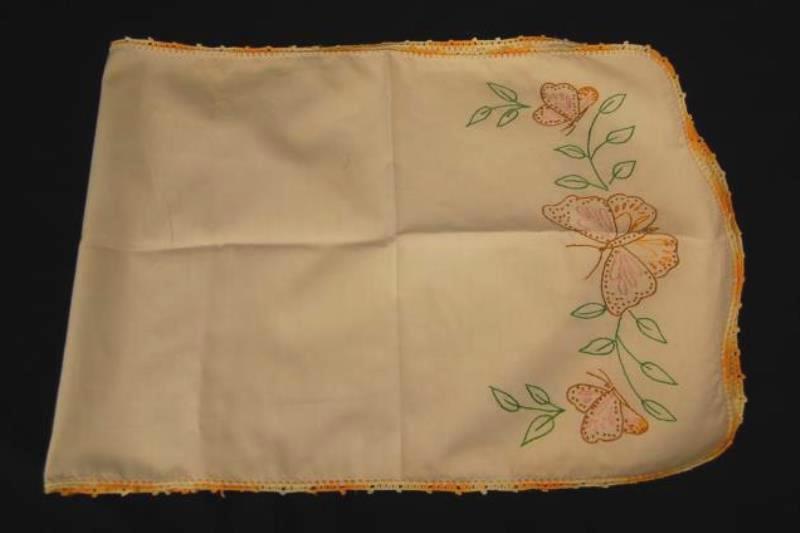 Vintage Homemade Embroidered Table Runner Yellow Trim Butterfly Pattern