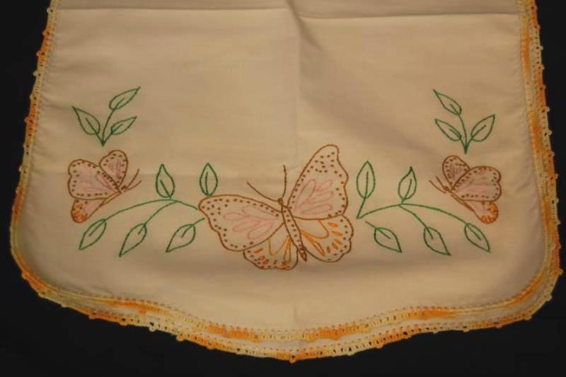 Vintage Homemade Embroidered Table Runner Yellow Trim Butterfly Pattern