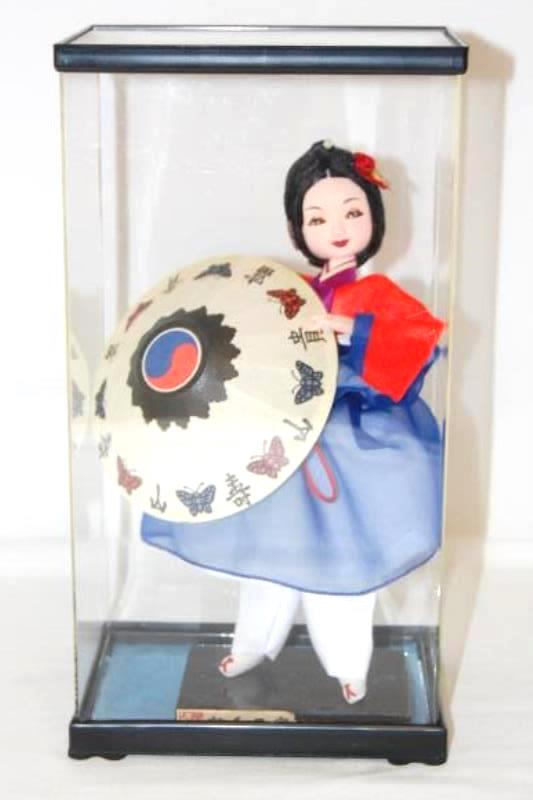 Vintage Geisha Doll With Umbrella Clear Display Box Black Hair Red Blue Dress