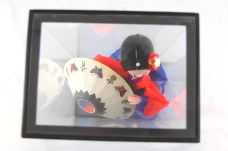 Vintage Geisha Doll With Umbrella Clear Display Box Black Hair Red Blue Dress