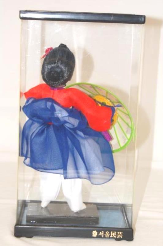 Vintage Geisha Doll With Umbrella Clear Display Box Black Hair Red Blue Dress