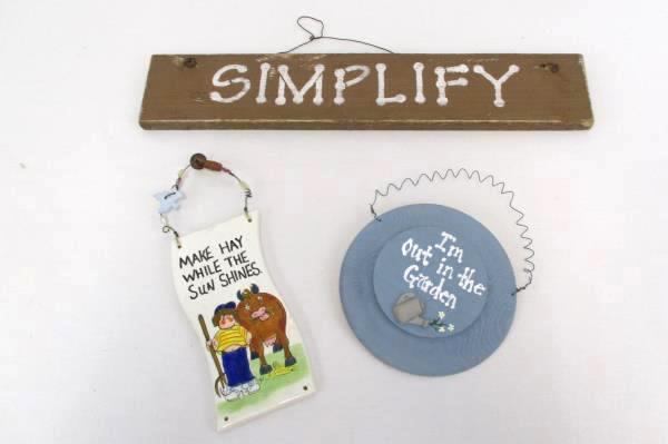 Lot of 3 Wood Ceramic Wall Hanging Plaque Signs Simplify Garden Hay Sun Shines