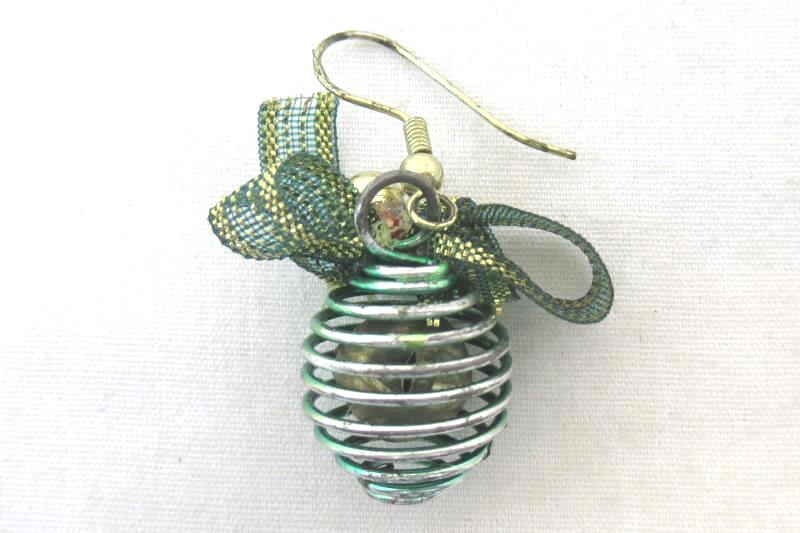 Christmas Ornament Holiday Earrings Green Bow Gold Accents Wire Dangle