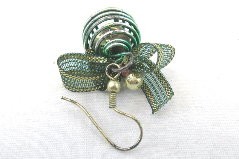 Christmas Ornament Holiday Earrings Green Bow Gold Accents Wire Dangle