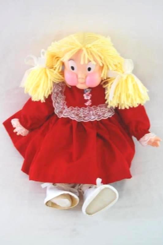 Vintage The Praise Doll 1983 Yellow Yarn Hair Cloth Red Dress Sings Jesus Glad