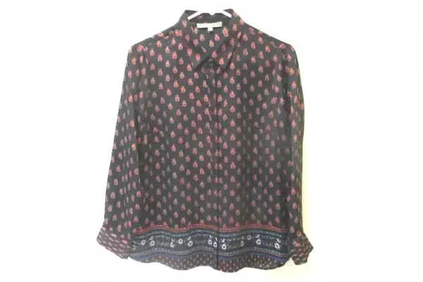 Daniel Rainn Long Sleeve Blouse Women's Petite Small PS Paisley Collared Satin